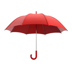 A vibrant red umbrella stands open, showcasing its bright color against a plain white backdrop
