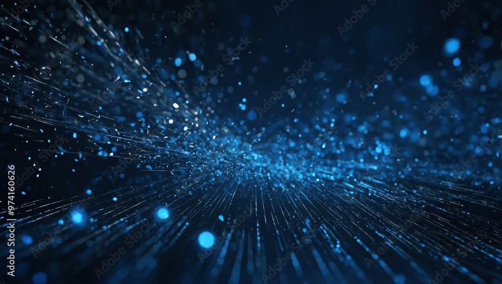 Wall mural abstract dark blue digital background with sparkling blue light particles and areas with deep depths
