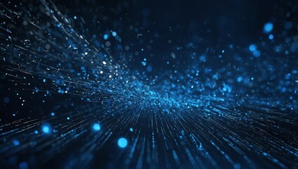 Abstract dark blue digital background with sparkling blue light particles and areas with deep depths Particles form into lines, surfaces and grids