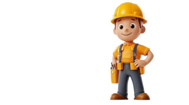A construction worker figure with a hard hat showcases a friendly demeanor and tool belt - Powered by Adobe