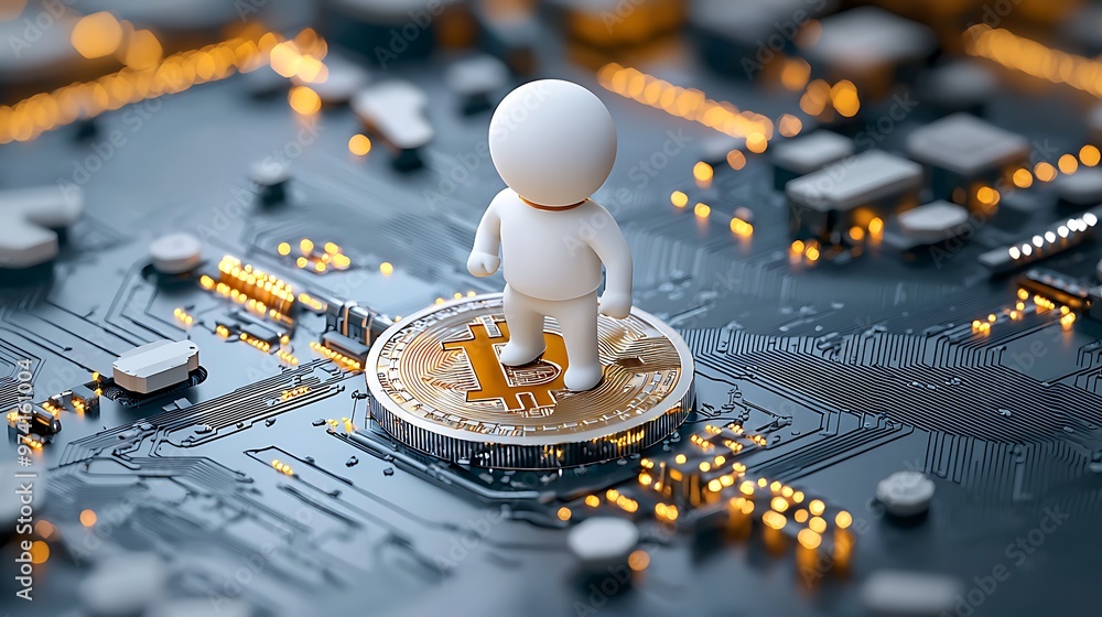 Poster a 3d rendering of a white figure stands atop a bitcoin coin on a circuit board, symbolizing digital 