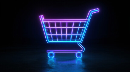 a mesmerizing neon light trails depiction of a shopping cart icon outlined in shades of blue and purple isolated on black background