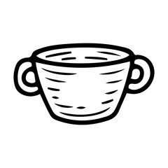 Bowl with handles hand drawn doodle. Ceramic plate for soup. Tableware for serving food. Kitchen utensils. Dining table setting. Vector sketch line art illustration.