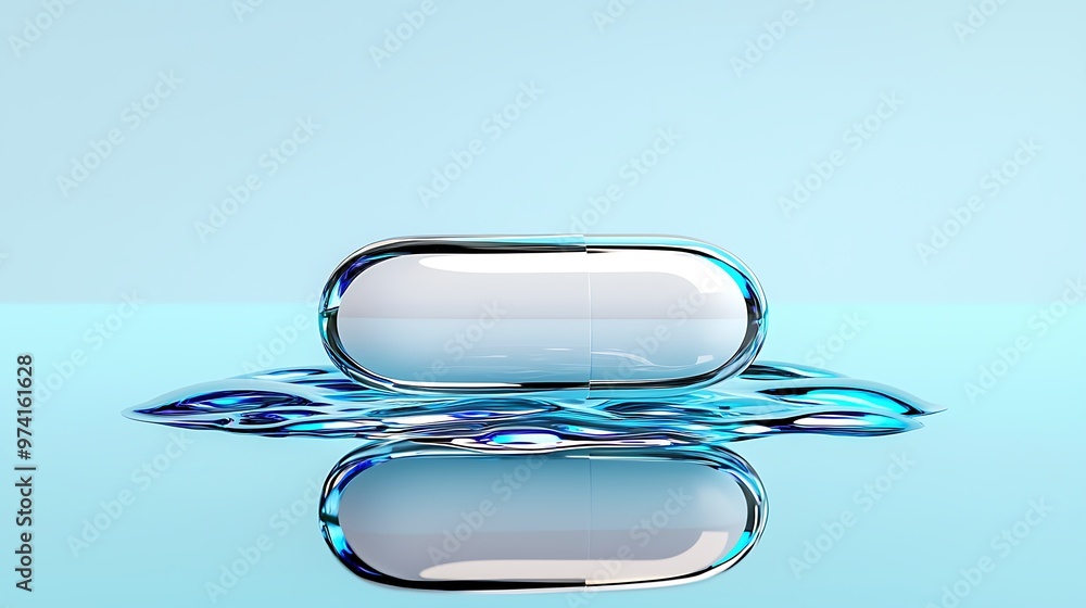 Poster a pill capsule floats in blue water, its bubbles adding a dynamic touch.