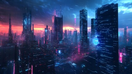 Fototapeta premium A panoramic view of a futuristic urban skyline where data flows through IoT-powered infrastructure and blockchain secures every activity