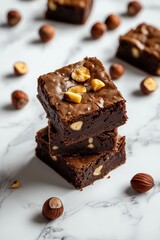 Brownies with hazelnuts on a white background