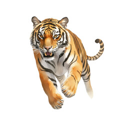 Fototapeta premium A fierce tiger running with intensity and grace, showcasing its majestic beauty and strength in a vibrant illustration.