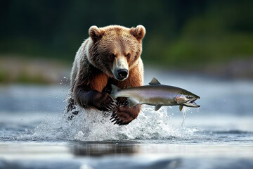 Fototapeta premium A bear is swimming in the water with a fish in its mouth. The scene is dynamic and exciting, as the bear is actively hunting for its prey