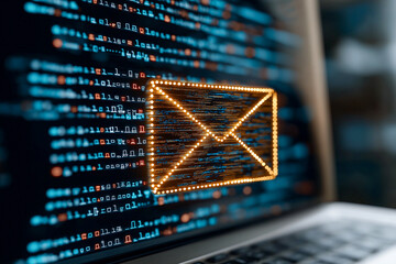 Digital email icon on computer screen with code, representing cybersecurity and phishing protection. This image emphasizes importance of strengthening email filters to block phishing attempts