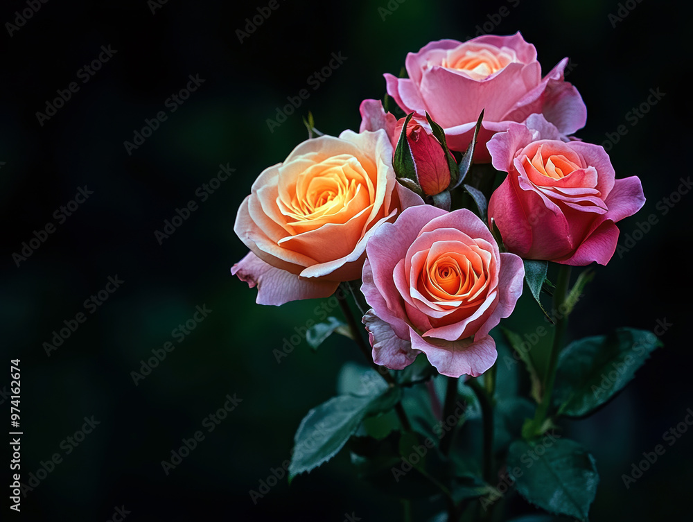 Poster a bouquet of pink and orange roses is displayed in a dark room. the roses are arranged in a way that