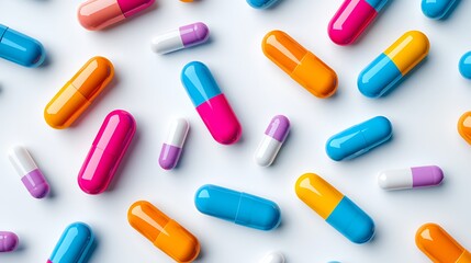Bright capsules sit on a white background, showcasing the intersection of medicine and pharmacy.