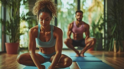 Woman and Man Exercising Yoga  Stretching  Fitness  Workout  Studio  Gym  Healthy Lifestyle