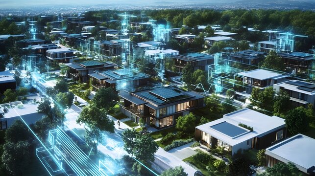 A high-tech residential district where blockchain secures smart home systems, and IoT ensures seamless living experiences