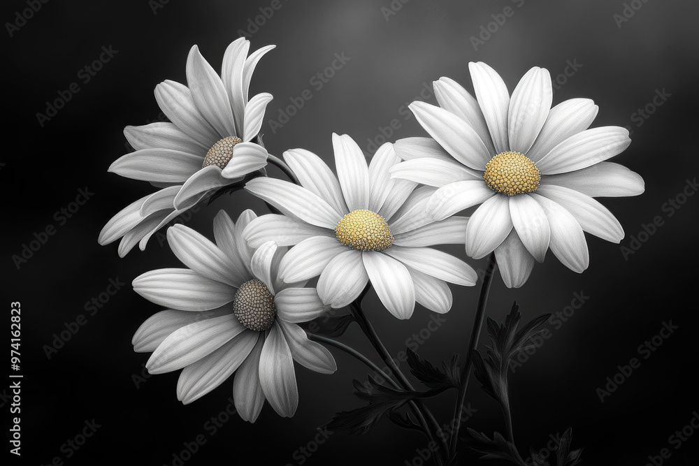 Poster a close up of three white daisies with yellow centers. the flowers are arranged in a way that they a