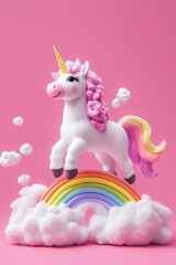 An adorable pastel 3D clay-style unicorn stands gracefully on a rainbow