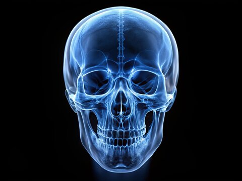 Detailed X-ray image of the human skull's cranial vault, showcasing the curved cranium, sphenoid bone, and frontal