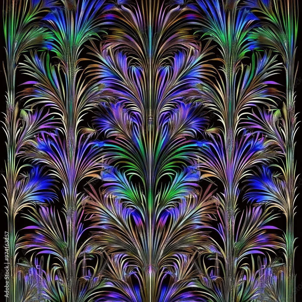 Poster a colorful image of a tree with many branches and leaves. the leaves are in various shades of blue, 