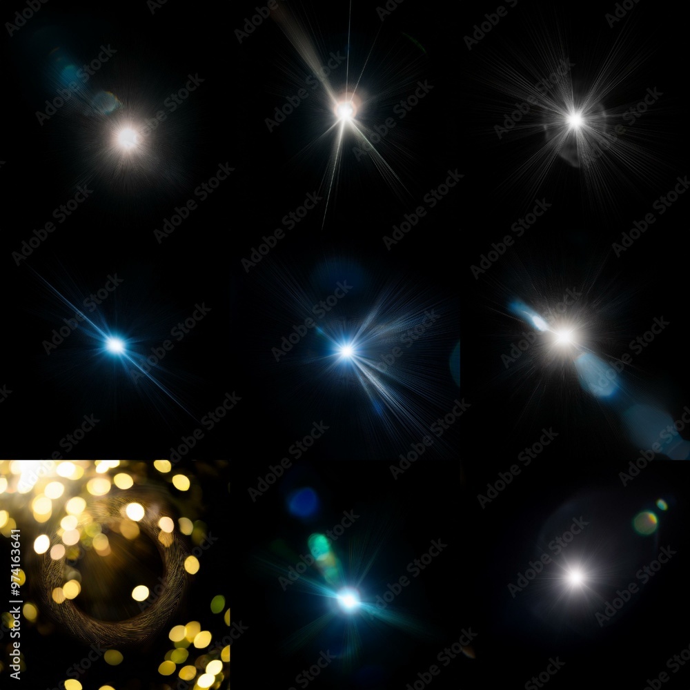 Poster a collection of lens flare effects with different colors and intensities on a black background.