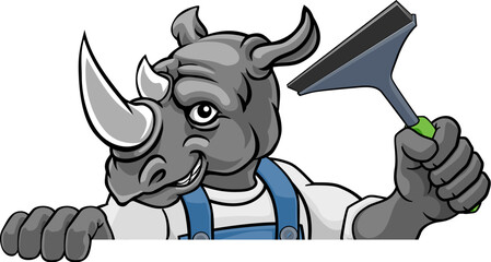 A rhino cartoon mascot car or window cleaner holding a squeegee tool peeking round a sign