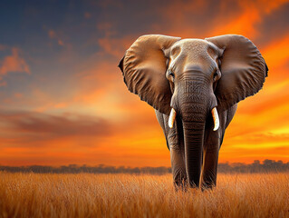 Obraz premium A large elephant stands in a field of tall grass. The sky is orange and the sun is setting