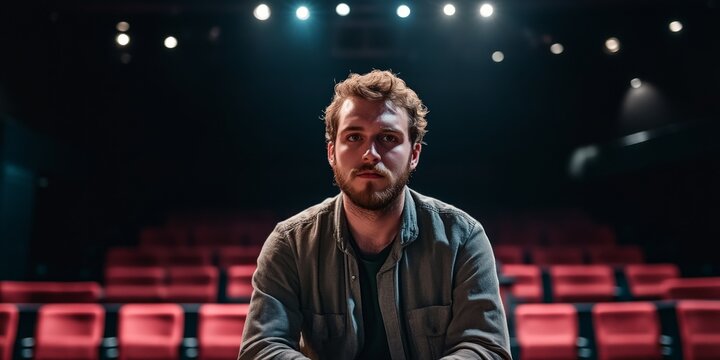 A pensive man sits in an empty theater. The spotlight illuminates him against red seats. This artistic scene conveys a sense of solitude and reflection. 
