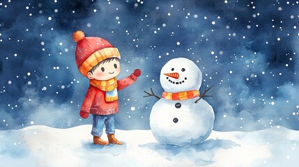 Fototapeta premium Cartoon boy with snowman in the evening 