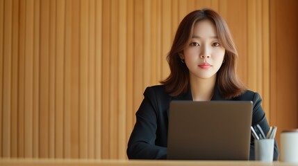 Young professional woman working attentively at a laptop in a modern office setting during daylight hours.