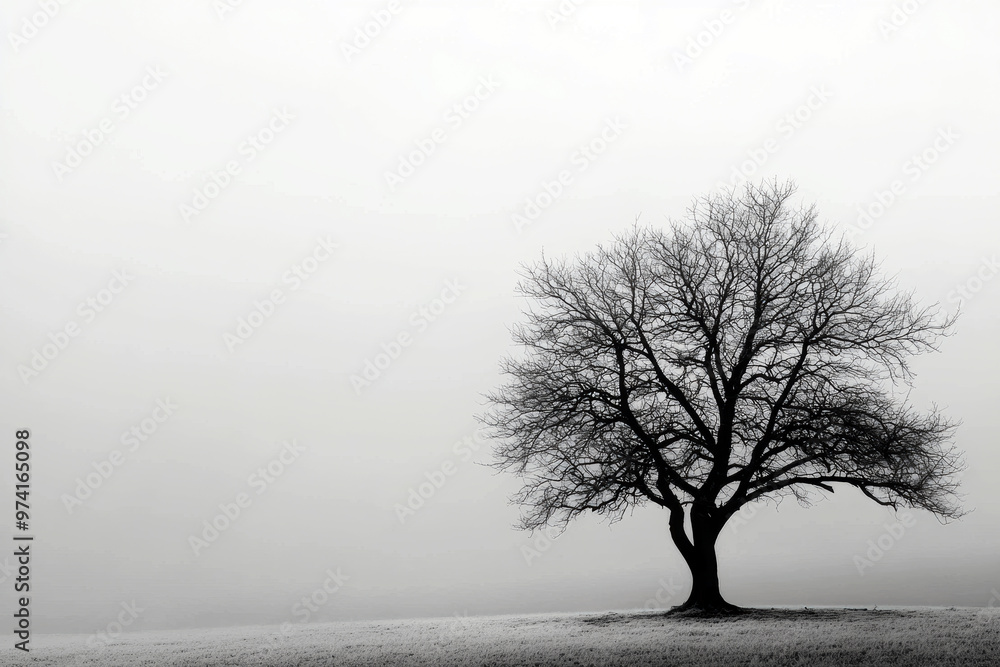 Poster a tree stands alone in a field of grass. the sky is overcast and the tree is bare