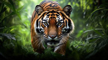 Fototapeta premium A tiger is walking through a lush green jungle. The tiger is the main focus of the image, and it is walking confidently through the dense foliage. The jungle setting creates a sense of adventure