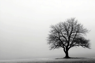 A tree stands alone in a field of grass. The sky is overcast and the tree is bare