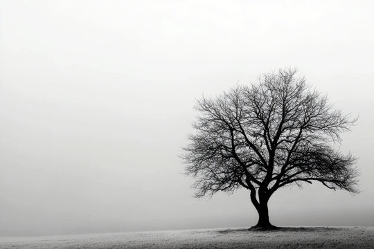 A tree stands alone in a field of grass. The sky is overcast and the tree is bare - Powered by Adobe