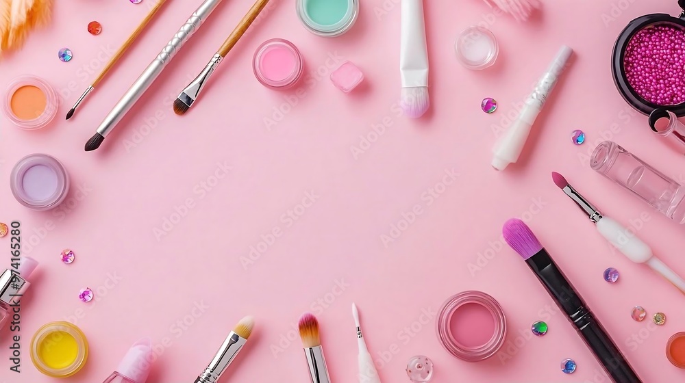 Wall mural Pink Makeup Brushes and Cosmetics on a Pink Background