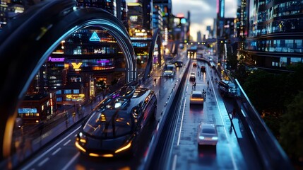 A smart cityscape where blockchain and IoT technology power autonomous vehicles and optimize traffic flow for seamless travel