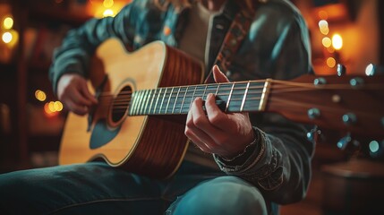 Fototapeta premium Close Up of Person s Hand Playing Acoustic Guitar
