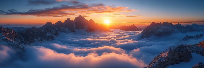 A stunning panoramic view of a mountain range at sunset, with a sea of clouds and a bright sun setting behind the peaks.