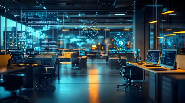 A tech-driven office environment where blockchain and IoT systems enhance productivity and ensure secure, efficient workflows