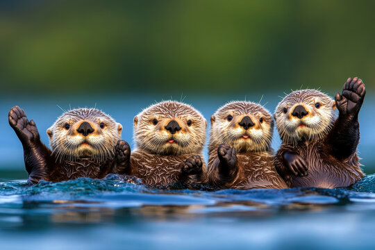 Four baby otters are swimming in the water and waving at the camera. The scene is playful and joyful, capturing the innocence and curiosity of young animals