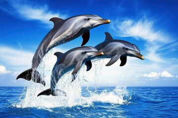 Obraz premium Three dolphins are leaping out of the water in a blue ocean. Scene is joyful and playful, as the dolphins seem to be having fun and enjoying their time in the water