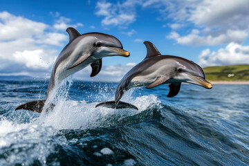 Fototapeta premium Two dolphins jumping out of the water. Scene is lively and energetic. The dolphins are in the ocean, and they are both jumping out of the water at the same time. The scene is dynamic