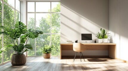Fototapeta premium Minimalist Home Office Desk with Sunlight and Plants