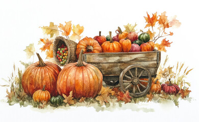 Autumn harvest scene with pumpkins, cornucopia, and a wooden cart filled with fruits and vegetables, illustrated in a watercolor style