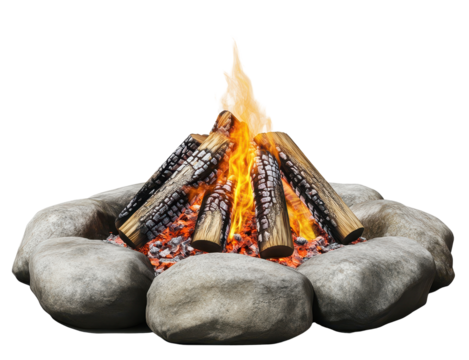 Campfire with burning logs and stones arranged in a circle on a transparent background and copy space for text