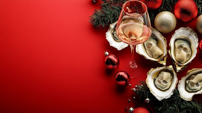 Oysters and a glass of wine on blue a New Year's background