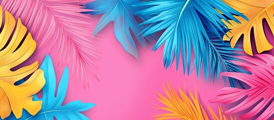 Tropical leaves in vibrant colors on a pink background.