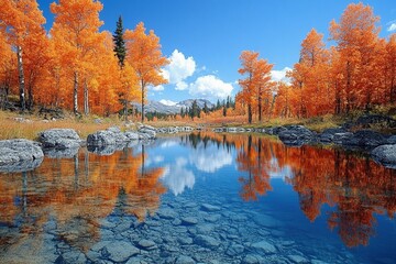 Fototapeta premium Reflections of autumn trees in a crystal-clear lake