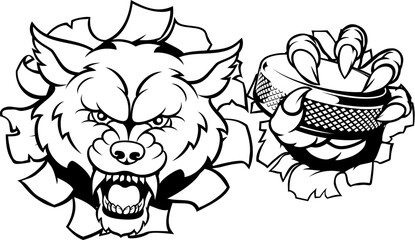 A wolf ice hockey player animal sports mascot holding a puck