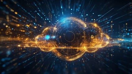 Obraz premium Digital informational technology web futuristic hologram with cloud icon, blue golden light digits and code background, cloud computing. Abstract Motion of digital data flow