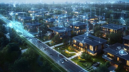 A tech-enhanced residential area where blockchain secures smart homes, and IoT devices create seamless living experiences