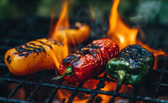 Closeup of grilled pepper paprika vegetable on barbecue. Delicious roasted healthy and organic vegetarian food, hot chili dinner meal, picnic lunch cooking