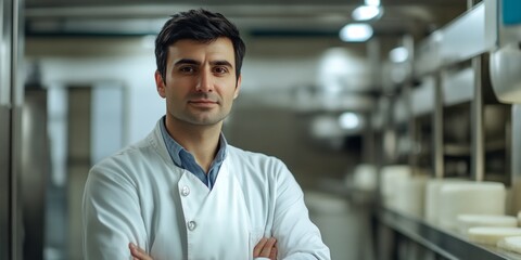 Fototapeta premium A confident male chef stands proudly in a modern kitchen. His arms crossed show expertise and passion for cooking. The kitchen is bright and professional, emphasizing quality. AI
